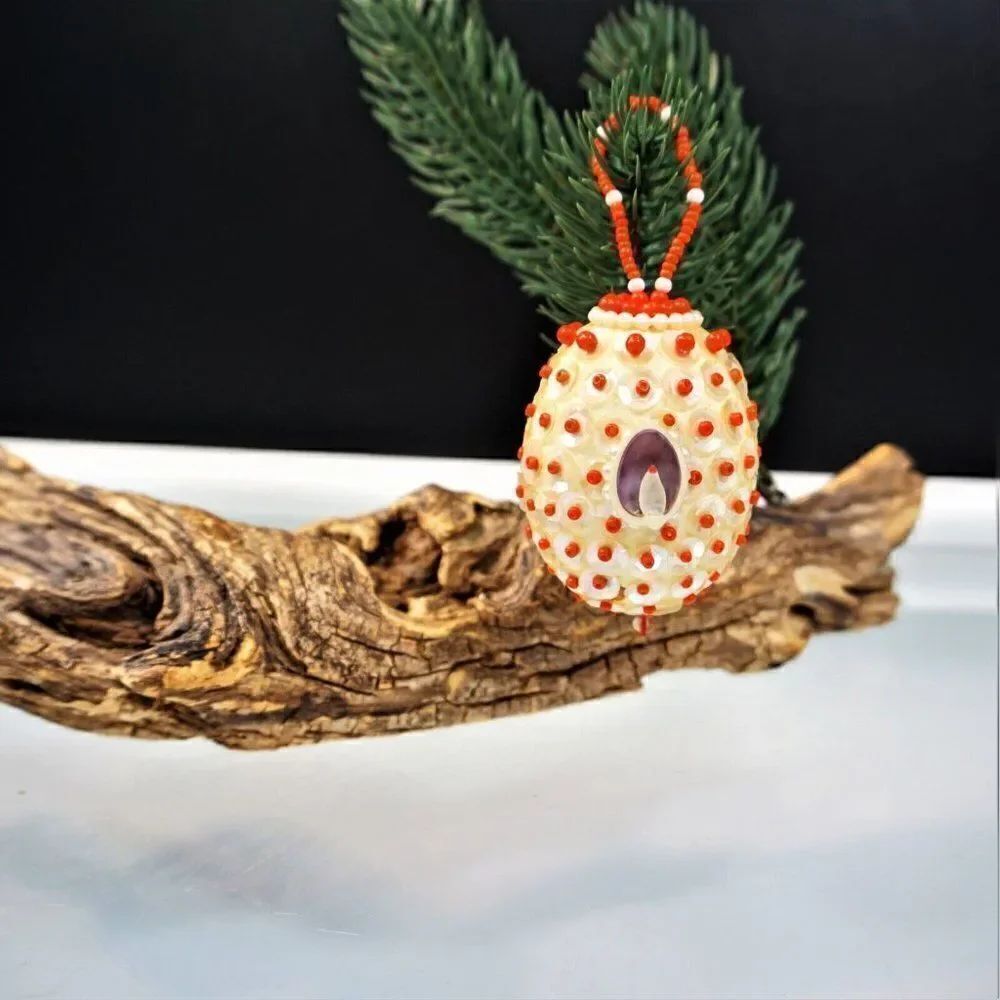 Vintage Christmas Egg Ornament Sequin Jeweled Handmade Beaded Red White
